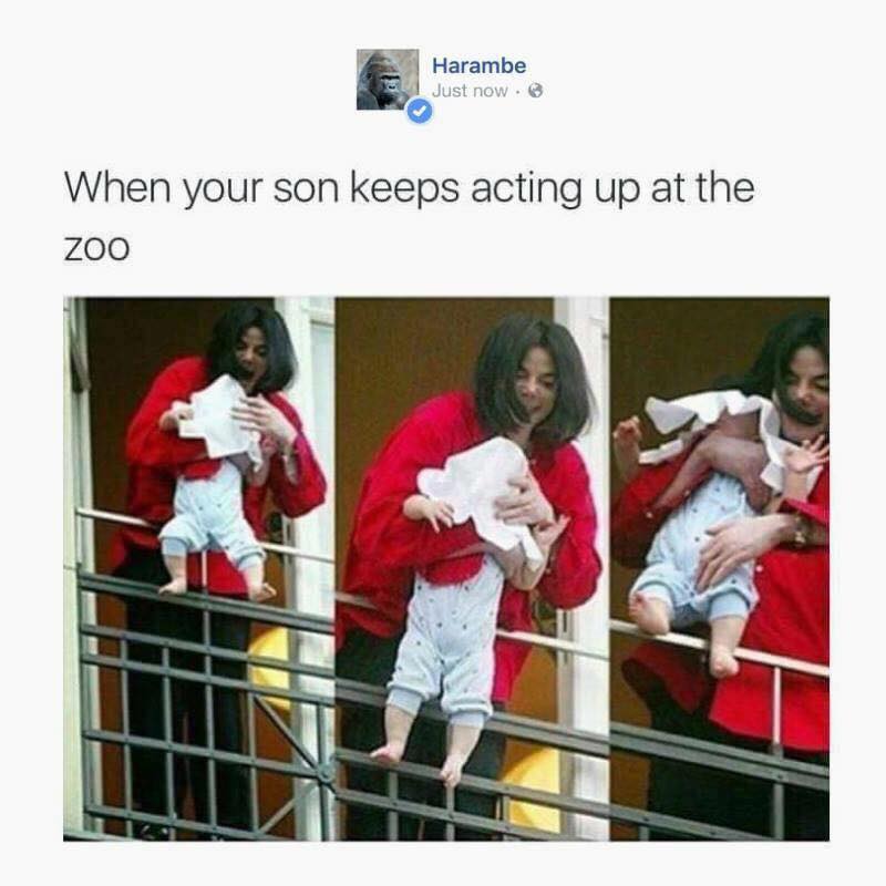 memes - michael jackson holding kid over balcony - Harambe Just now. When your son keeps acting up at the zoo