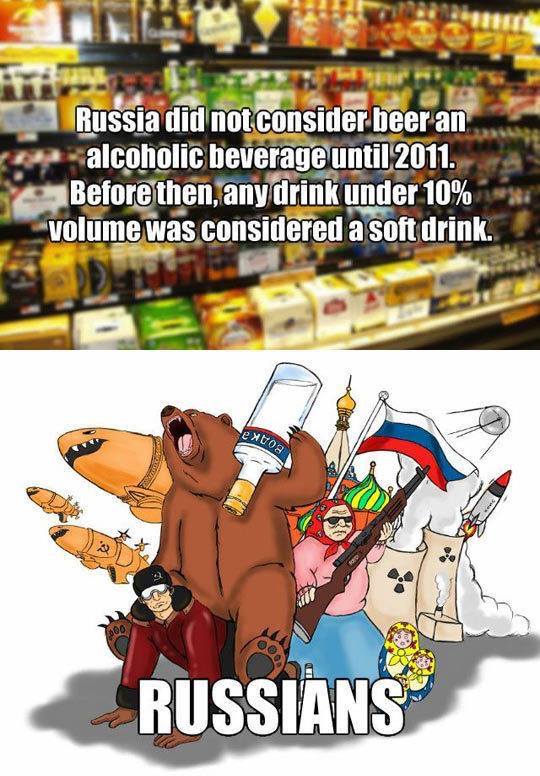 russian logic - Russia did not consider beer an alcoholic beverage until 2011. Before then, any drink under 10% volume was considered a soft drink. Hoa 2 Russians