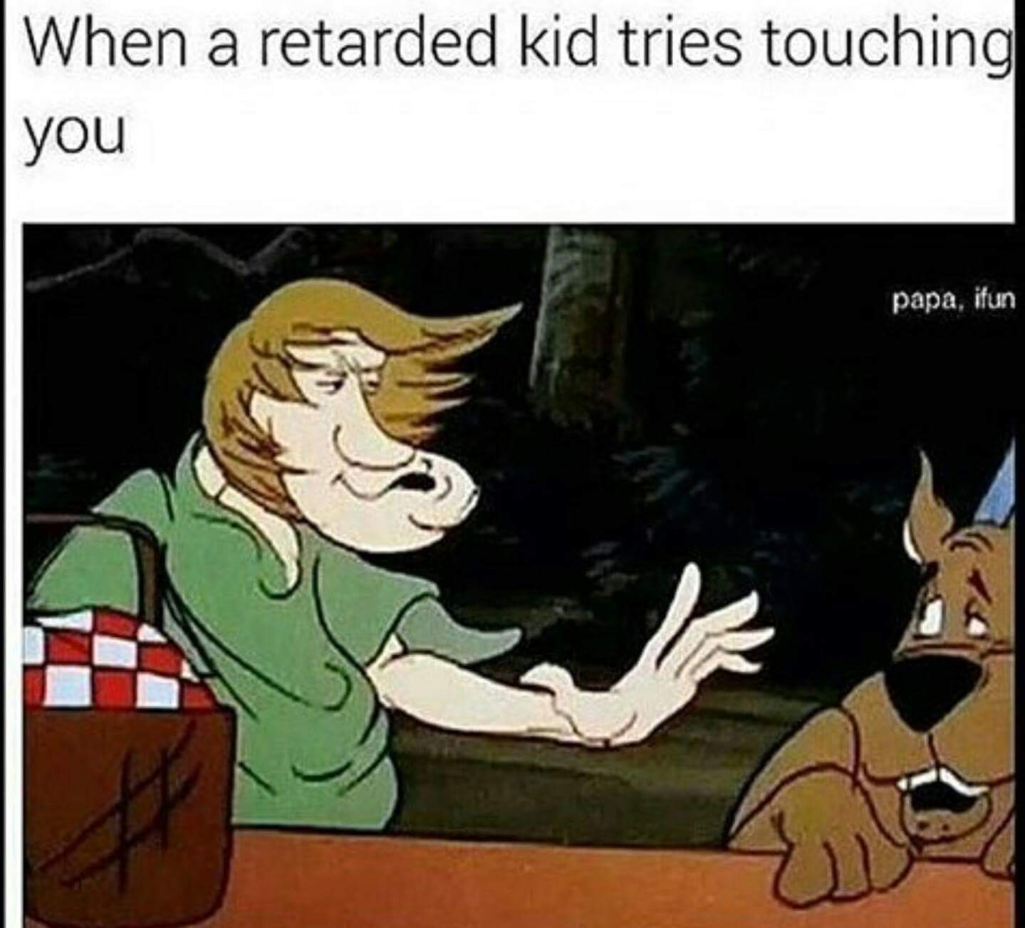 Scooby Doo meme about retarded kid trying to touch you.