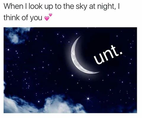 savage meme about moon spelling cunt - When I look up to the sky at night, I think of you unt.