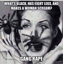 meme -  specific phobia - Whats Black, Has Eight Legs, And Makes A Woman Scream? Gang Rape