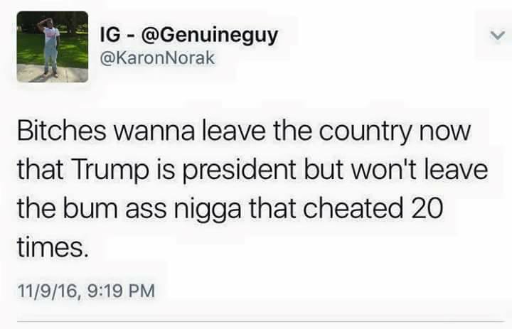 memes - document - Ig Bitches wanna leave the country now that Trump is president but won't leave the bum ass nigga that cheated 20 times. 11916,