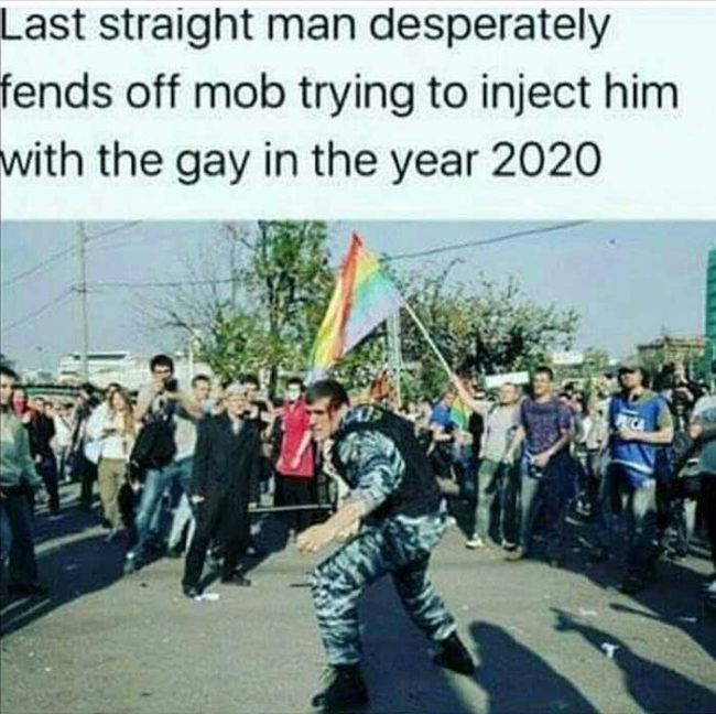 memes - last straight man fights - Last straight man desperately fends off mob trying to inject him with the gay in the year 2020