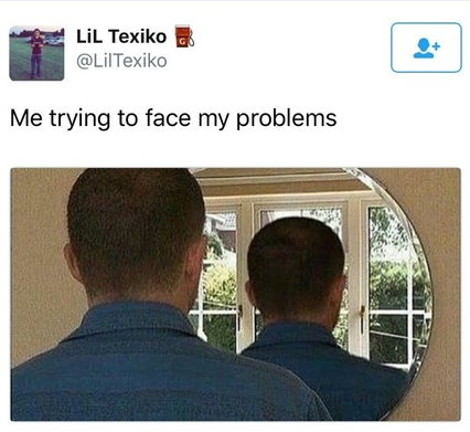 Wednesday meme about facing your issues with pic of a man looking at a reflection of his back
