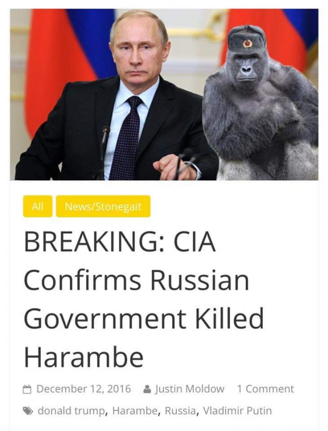 Wednesday meme with headline about Russia killing Harambe
