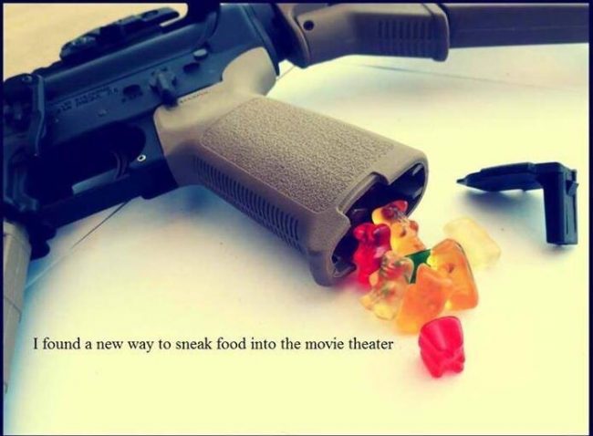 Wednesday meme about sneaking food into a movie theater inside a gun