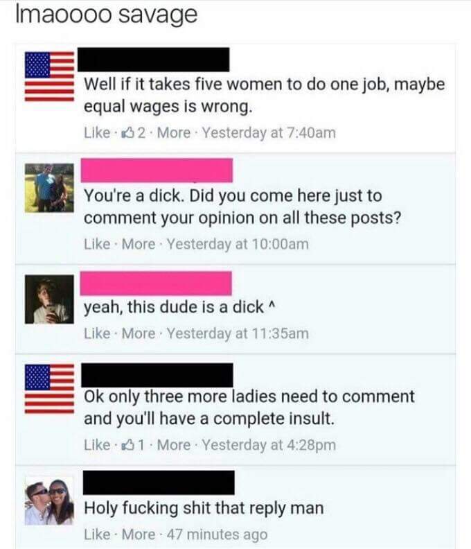 Tuesday meme with a Facebook thread about equal pay