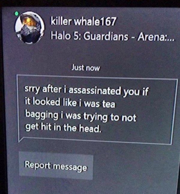 memes - multimedia - killer whale 167 Halo 5 Guardians Arena... Just now srry after i assassinated you if it looked i was tea bagging i was trying to not get hit in the head. Report message