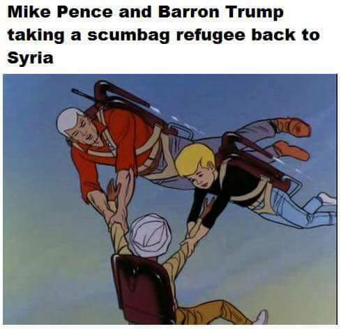 memes - mike pence johnny quest meme - Mike Pence and Barron Trump taking a scumbag refugee back to Syria