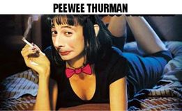 Wednesday meme with pic of Pee Wee Herman's face photoshopped on Uma Thurman's body