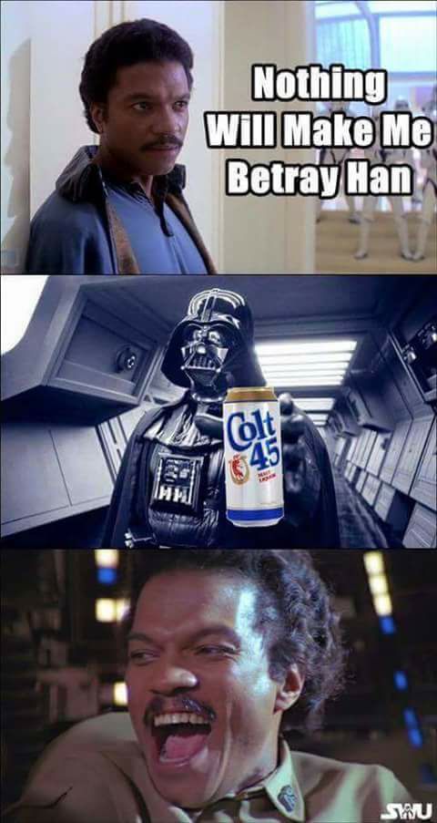 Wednesday meme about Lando betraying Han Solo for a beer