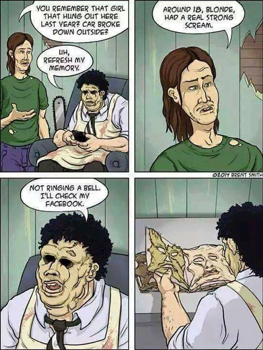 Wednesday meme with comic about Leatherface's facebook being an actual book of torn off faces