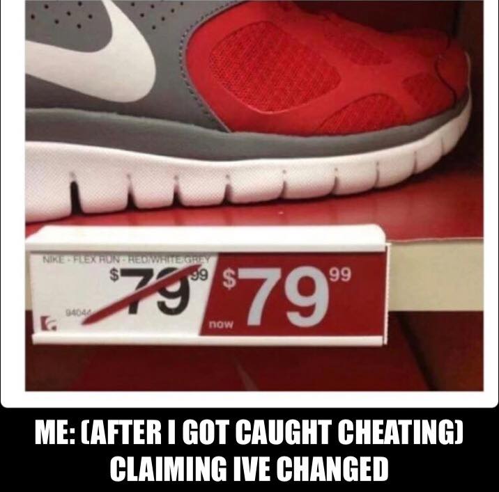 Wednesday meme about never changing with pic of shoes with a useless discount