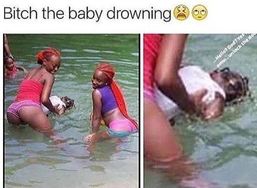 Wednesday meme with pic of woman drowning a baby while taking a pic in the water