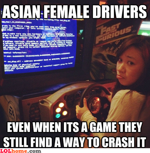 Wednesday meme about Asian female being bad at driving