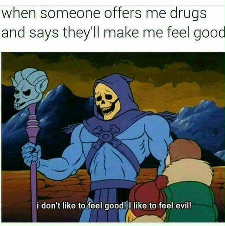 memes - skeletor meme - when someone offers me drugs and says they'll make me feel good i don't to feel good! I to feel evil!