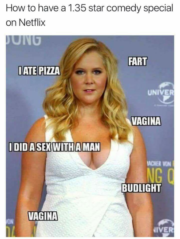 memes - chef chris fischer amy schumer - How to have a 1.35 star comedy special on Netflix Pung Fart Iate Pizza Univer Vagina I Did A Sex With A Man Iacher Von Budlight Vagina Viver