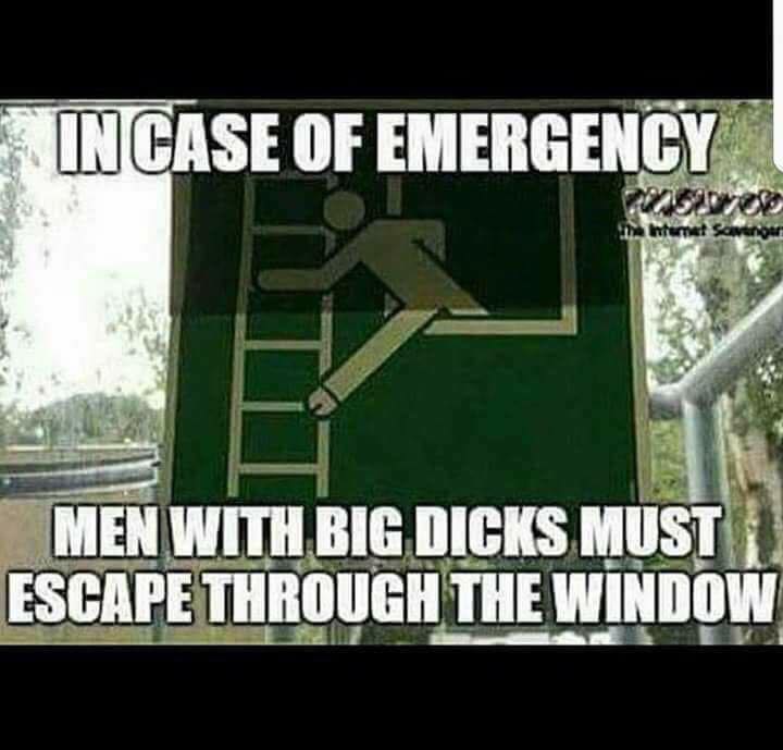 Savage Thursday meme with emergency exit sign showing a man with a large penis