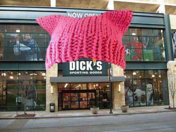 Savage Thursday meme about gun control with a Dick's sporting goods store wearing a pussy hat