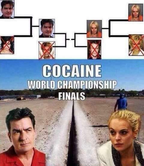 Wednesday meme for humpday of Charlie Sheen and woman wondering who can do more cocaine