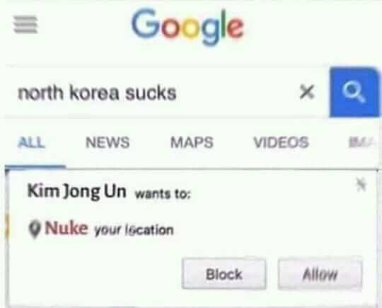 Wednesday meme of googling North Korea Sucks and Kim Jong Un wants to know your location