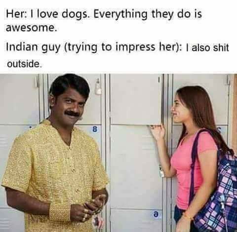 Wednesday meme of Indian trying to impress girl by saying he shits outside