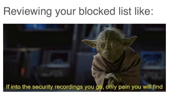 Wednesday meme of Yoda warning about reviewing your blocked list
