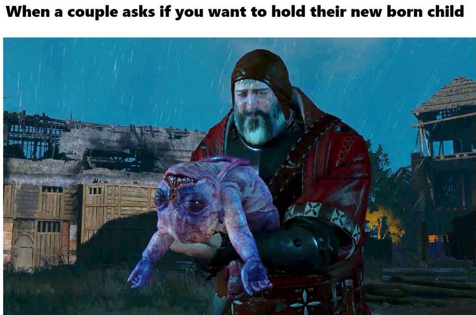 savage Tuesday Meme about holding other people's babies with screenshot from The Witcher