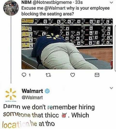 Tuesday Meme with Tweet from Walmart about an employee with a thick backside