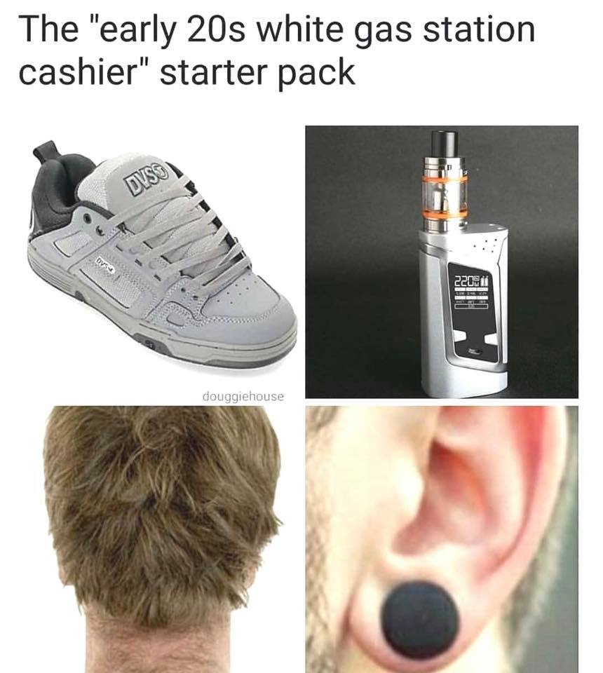 Tuesday Meme of a starter pack for workers at a gas station