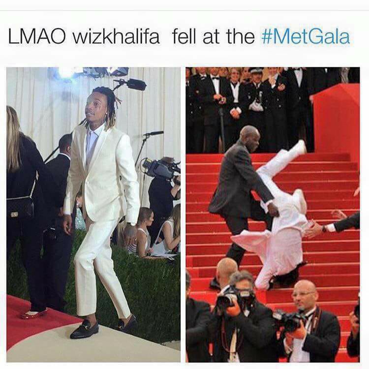 savage Tuesday Meme about Wiz Khalifa falling at the Met Gala