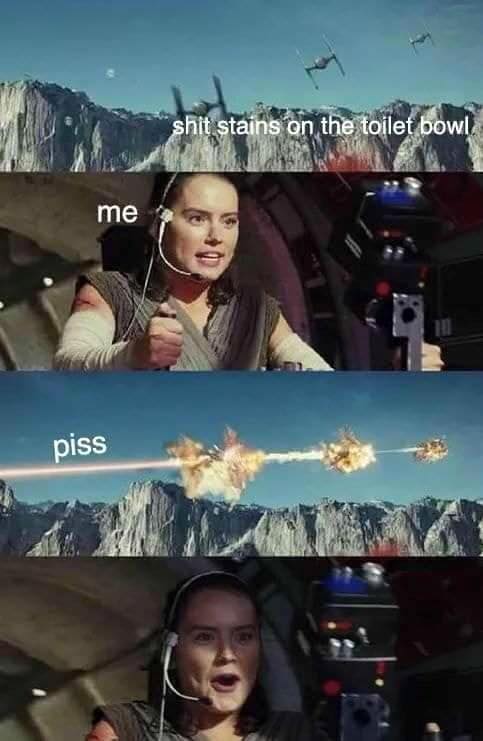 Savage Friday MEME about cleaning the toilet with pee with pics of Rey from Star Wars piloting a spaceship