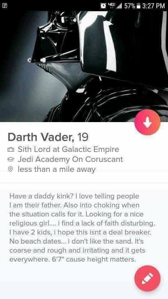 Savage Friday MEME with Darth Vader's Tinder profile