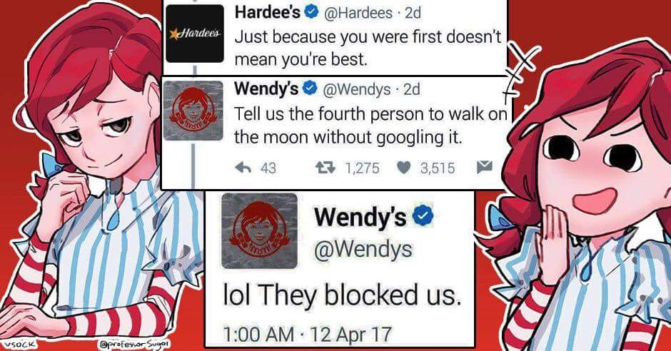 Savage meme anime wendys girl - Hardees Hardee's 2d Just because you were first doesn't mean you're best. Wendy's 2d Tell us the fourth person to walk on the moon without googling it. 43 47 1,275 3,515 V Wendy's lol They blocked us. 12 Apr 17 1 Vsock Sugo