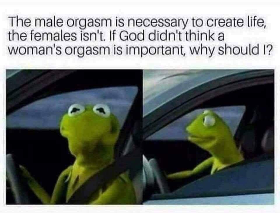 asking for a friend meme - The male orgasm is necessary to create life, the females isn't. If God didn't think a woman's orgasm is important, why should I?
