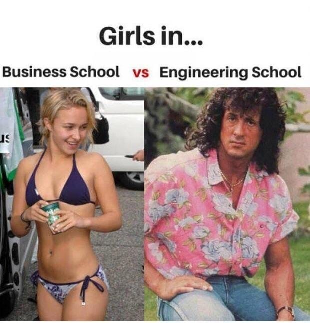 tuesday meme of girls in business school vs engineering school - Girls in... Business School vs Engineering School Us