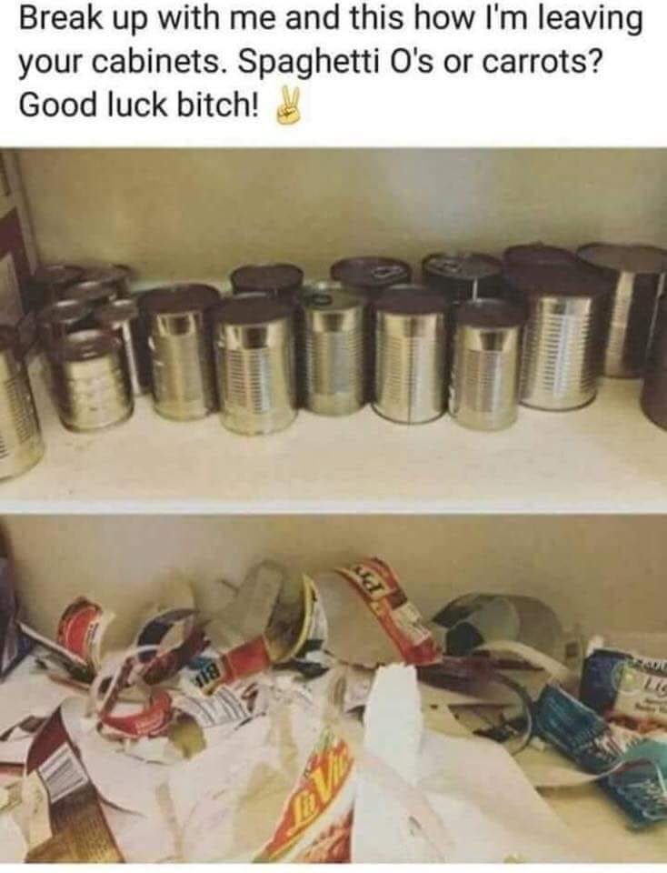 some ones kid did this to your pantry - Break up with me and this how I'm leaving your cabinets. Spaghetti O's or carrots? Good luck bitch!