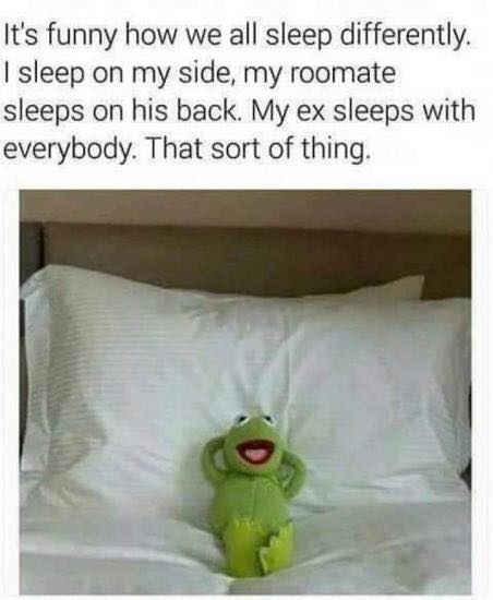 sleep funny - It's funny how we all sleep differently. I sleep on my side, my roomate sleeps on his back. My ex sleeps with everybody. That sort of thing.