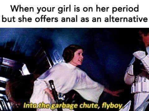 Savage meme - into the garbage chute flyboy - When your girl is on her period but she offers anal as an alternative Into the garbage chute, flyboy