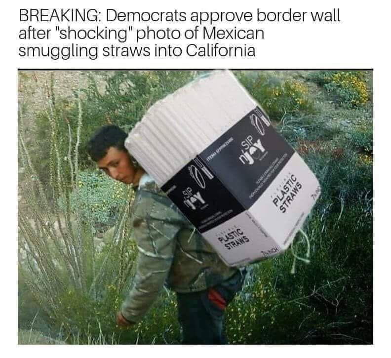 meme - smuggling straws into california - Breaking Democrats approve border wall after "shocking" photo of Mexican smuggling straws into California Plastic Straws Pustic Surns
