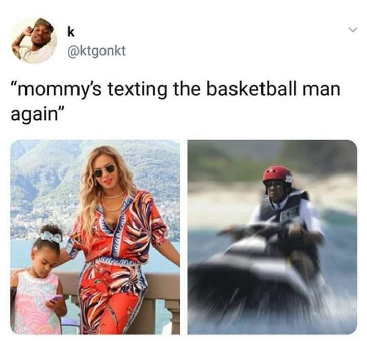 jay z on a jet ski meme - "mommy's texting the basketball man again"