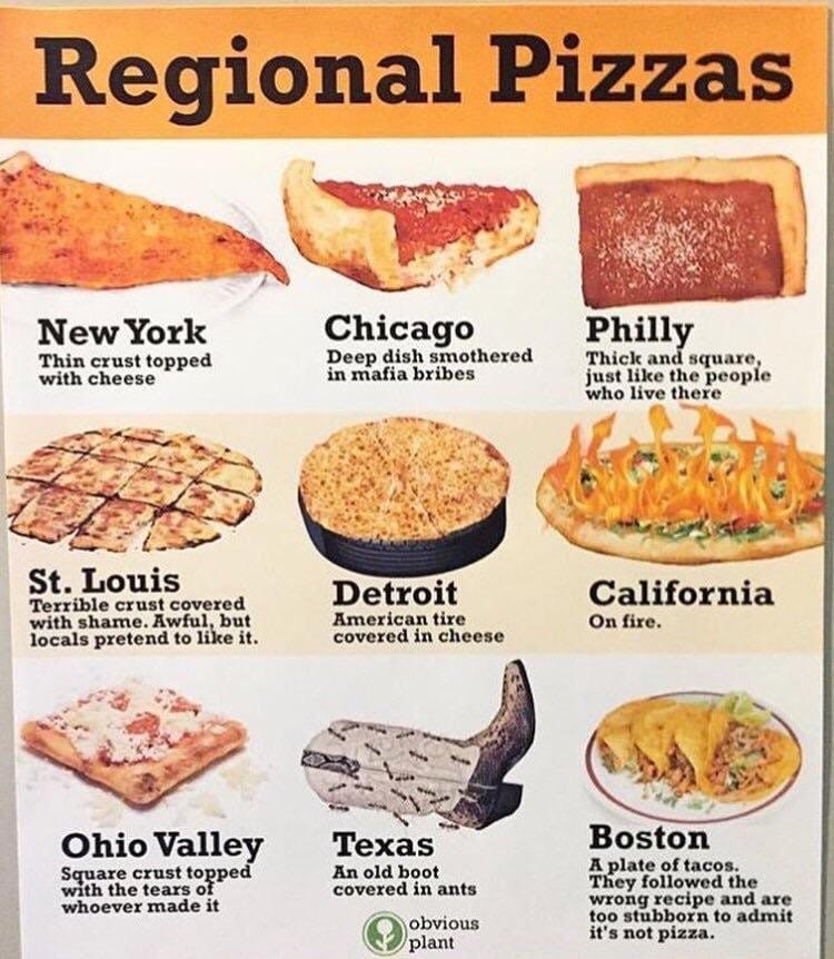 regional pizzas - Regional Pizzas Chicago Philly New York Thin crust topped with cheese Deep dish smothered in mafia bribes Thick and square, just the people who live there St. Louis Terrible crust covered with shame. Awful, but locals pretend to it. Detr