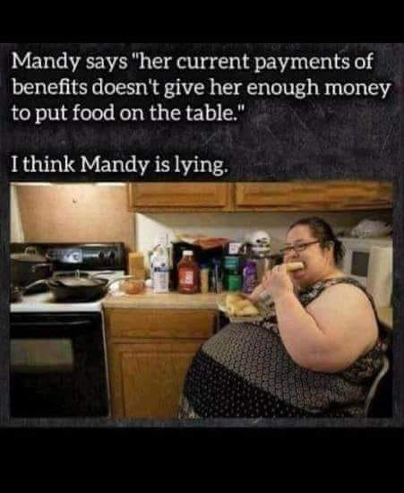 photo caption - Mandy says "her current payments of benefits doesn't give her enough money to put food on the table." I think Mandy is lying.