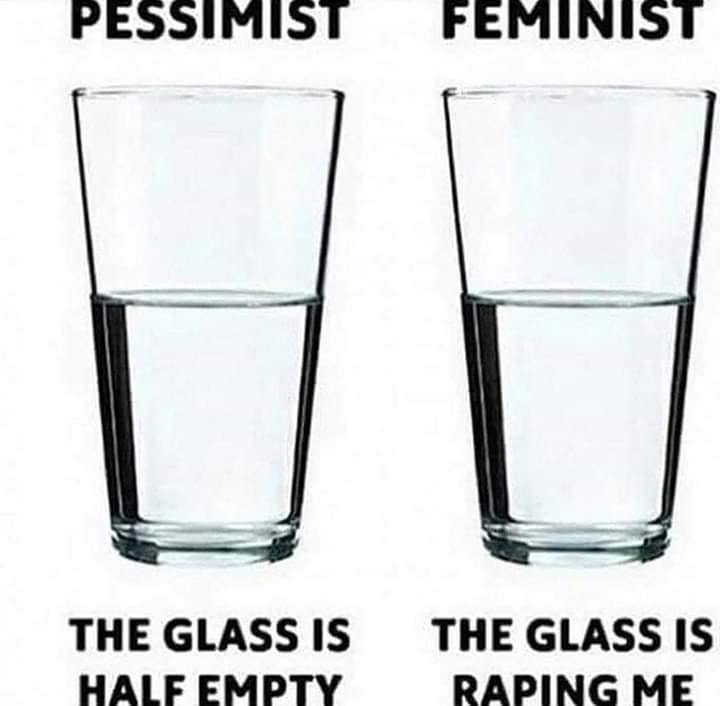 memes - pessimist vs feminist - Pessimist Feminist The Glass Is Half Empty The Glass Is Raping Me