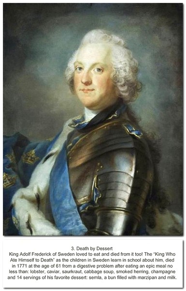 adolf frederick - 3. Death by Dessert King Adolf Frederick of Sweden loved to eat and died from it too! The King Who Ate Himself to Death as the children in Sweden leam in school about him, died in 1771 at the age of 61 from a digestive problem after eati