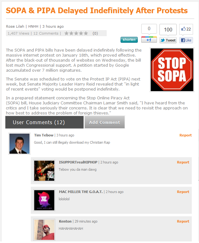screen capture of a comment left on hotnewhiphop.com where Tim Tebow says how he feels about the situation
