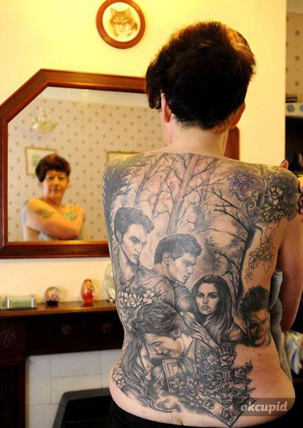 Full back tattoo of Twilight characters