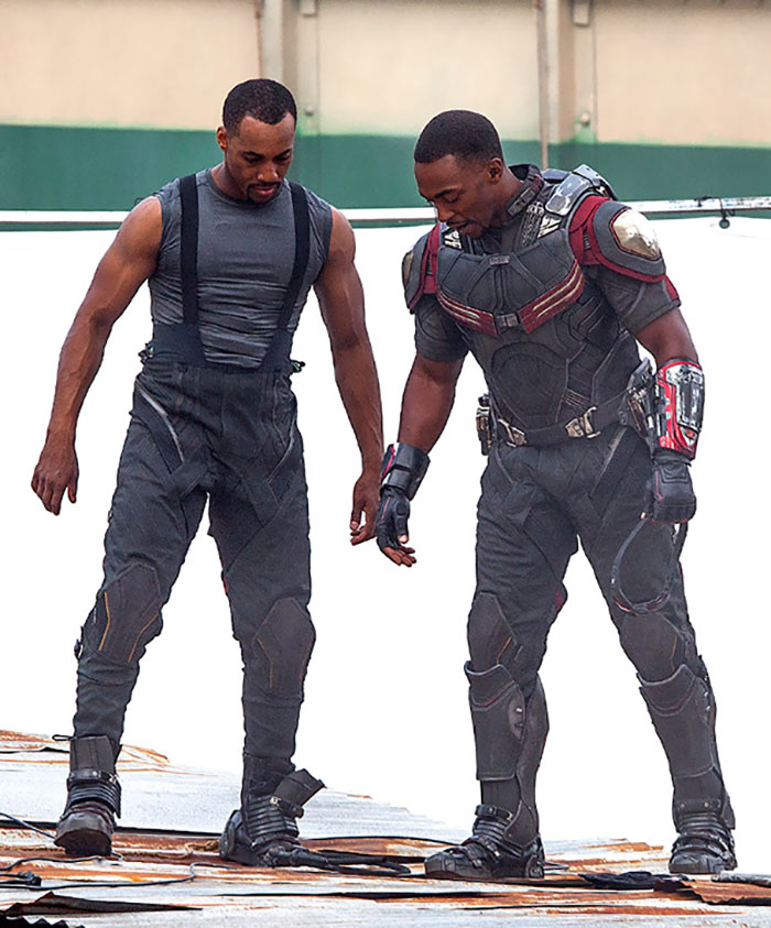Anthony Mackie (Falcon) and his stunt double Aaron Toney