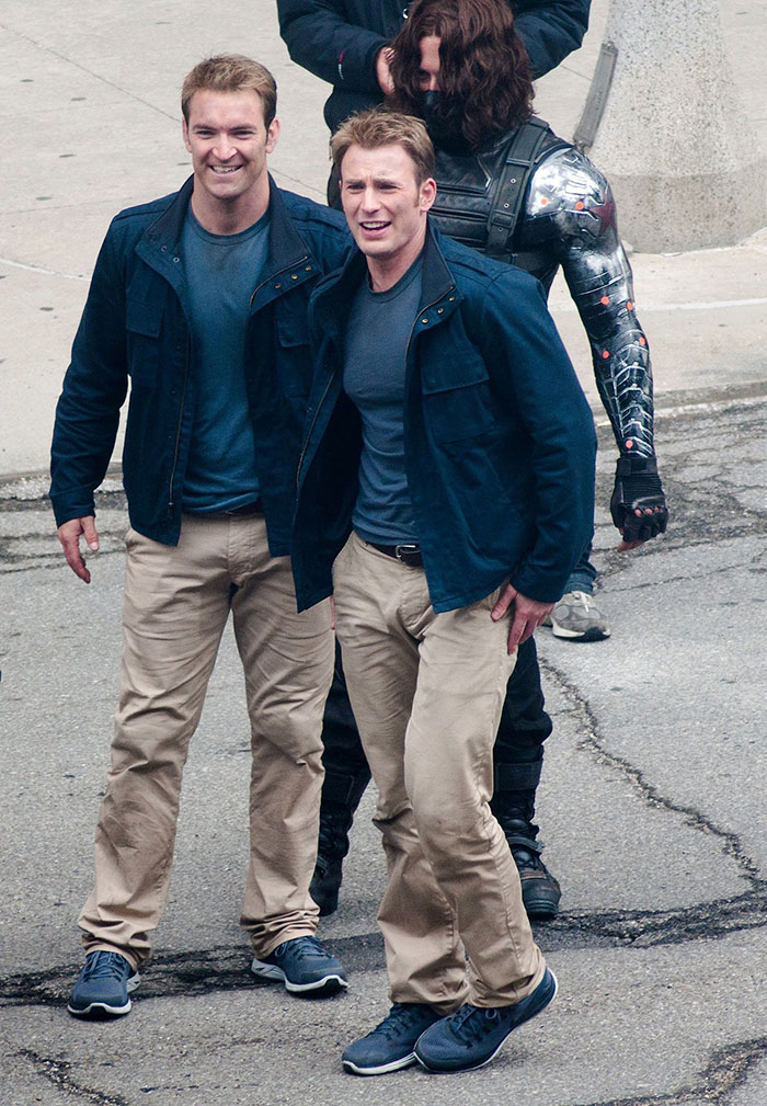 Chris Evans (Captain America) and his stunt double Sam Hargrave