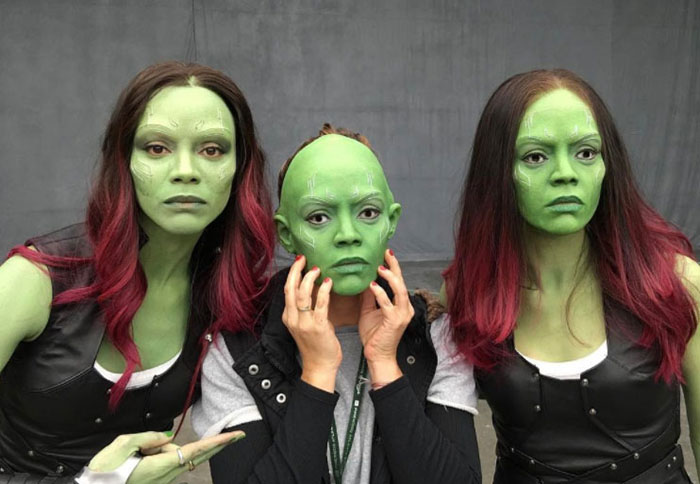 Zoe Saldana (Gamora) and her stunt double